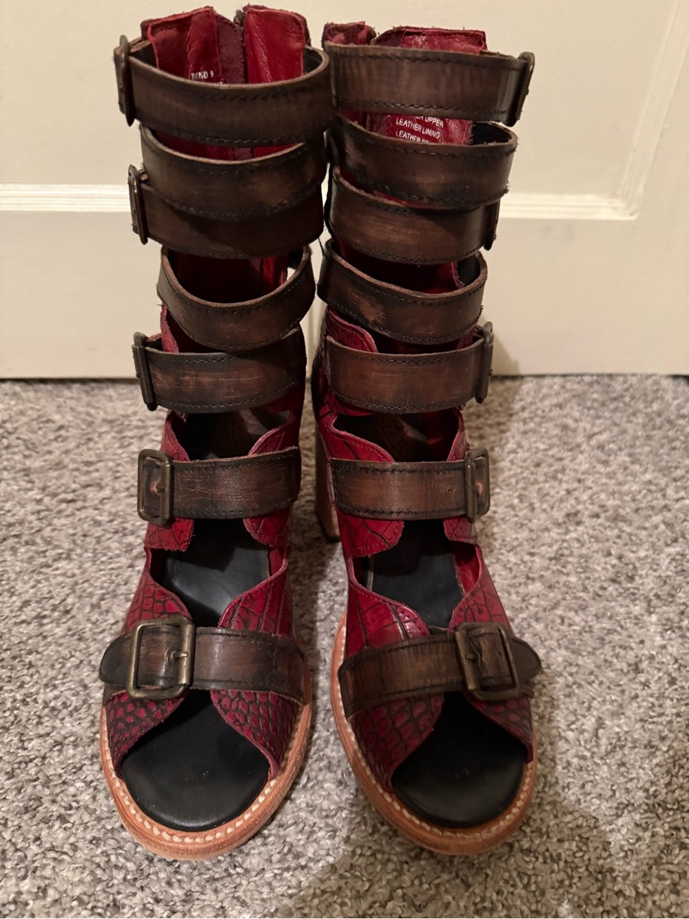 Freebird by Steven Red and Brown Multi-Buckle Gladiator Ankle Boots